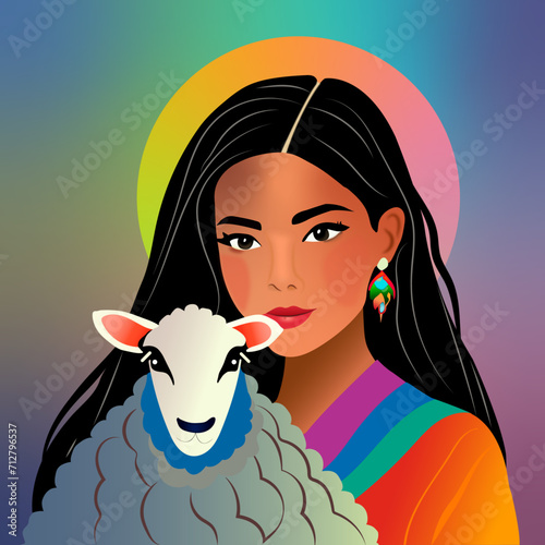 Ilustración mujer andina con oveja en el brazo