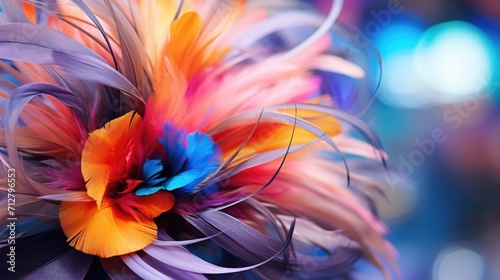 Closeup of a statement hair clip, featuring an oversized flower made of vibrant colored feathers.