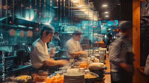 Men Working Behind Restaurant Counter, Preparing Food and Serving Customers