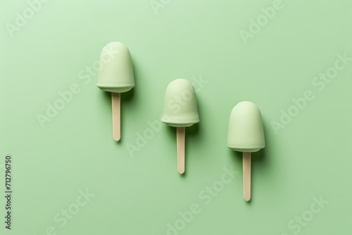 Mint eco-frozen popsicles on sticks with mint leaves on a plain light green background. Cold dessert without sugar and substitutes, natural vegan 