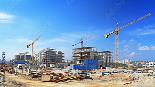 Massive factory construction with crane and building site against a clear blue sky