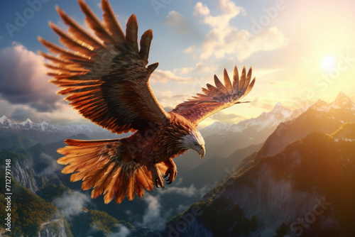 A griffin flying over a mountain range at sunset photo