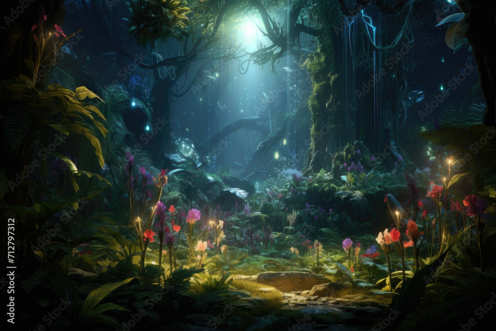 Fototapeta premium A magical forest filled with enchanted creatures and mythical plants, glowing with a mysterious light