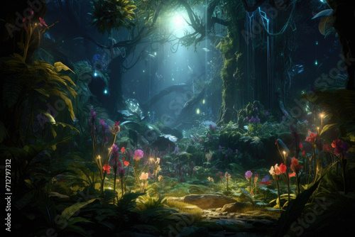 A magical forest filled with enchanted creatures and mythical plants  glowing with a mysterious light