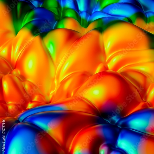 Abstract, fluid and colorful 3D background texture. Modern and contemporary feel. Metallic, iridescent and reflective with shades of orange, yellow, blue, green
