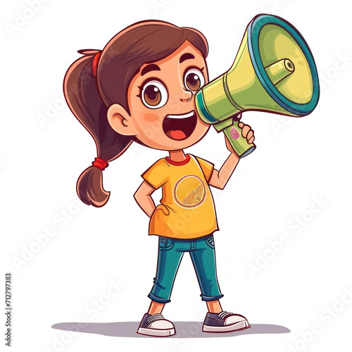 Cartoon character of Girl holding a Megaphone, white background
