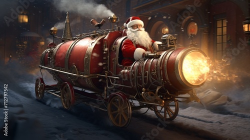 realistic 3D-rendered Santa Claus in a steam-powered sleigh, reminiscent of the industrial age.