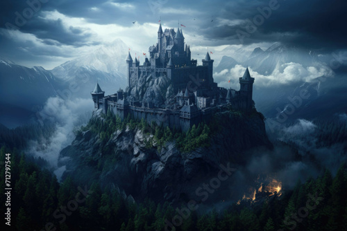 A mysterious castle, perched atop a mountain, surrounded by a dark and foreboding forest © Michael Böhm