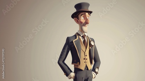 Cartoon digital avatars of Vintage Clothing Shop Owner A dapper gentleman in a threepiece suit, complete with a pocket watch and a bowler hat. photo