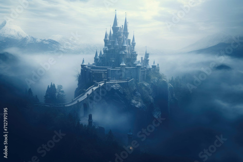 An enchanted castle in a foggy landscape, with a magical atmosphere