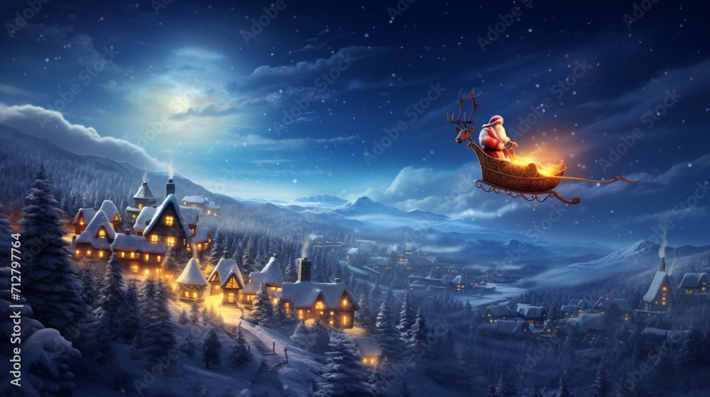Santa Claus flying over a snowy village in a sleigh pulled by reindeer ...