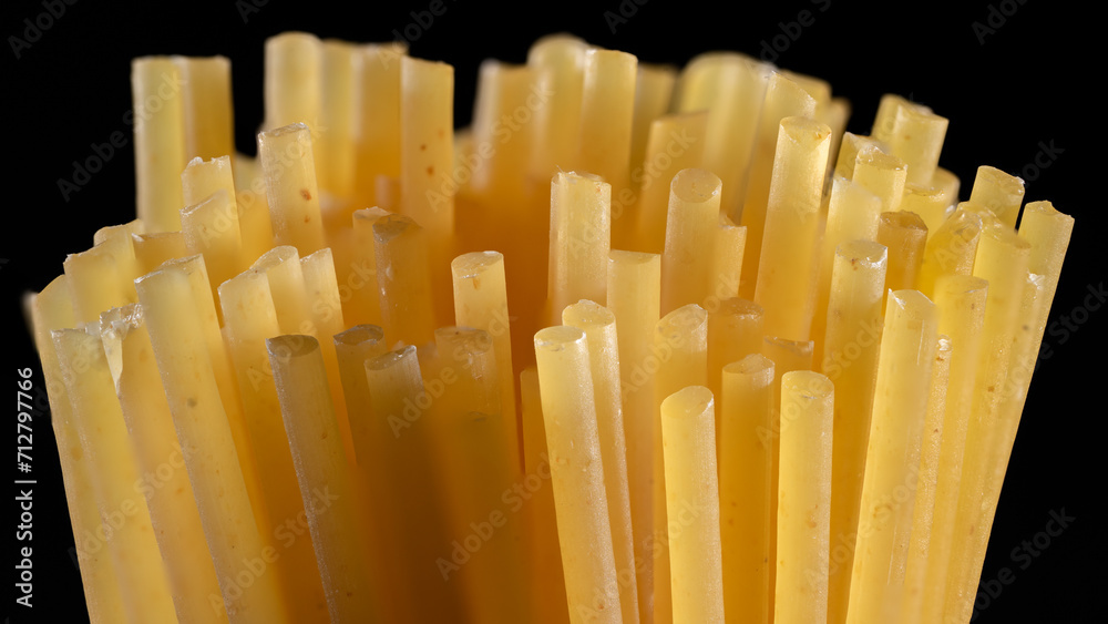 set of cooking spaghetti pasta part on black background.