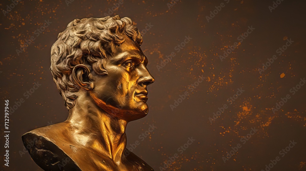 Bronze antique statue of a male head on a dark textured background. Ideal for contemporary art projects. Banner with copy space