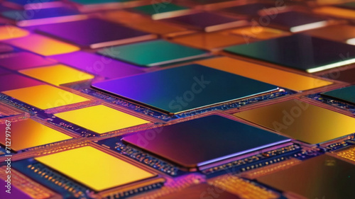  Macro of silicon wafer semiconductor with neon color integrated circuits to manufacture