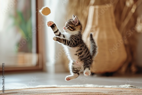 A fluffy tabby kitten stands on its hind legs, eyes wide with excitement, as it reaches to swat at hanging colorful toy balls by a sunny window photo