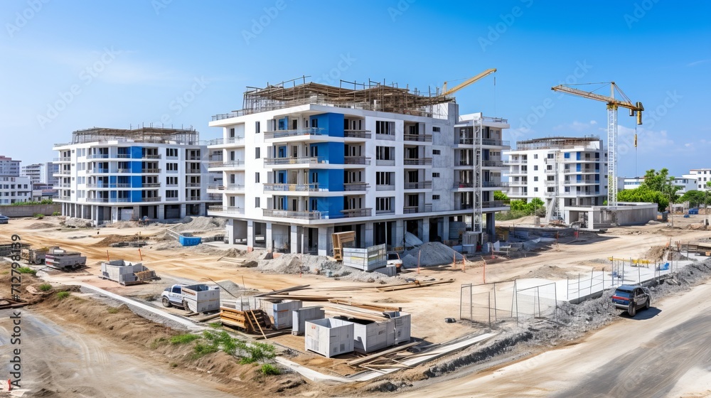 House construction process  crane and building site against blue sky