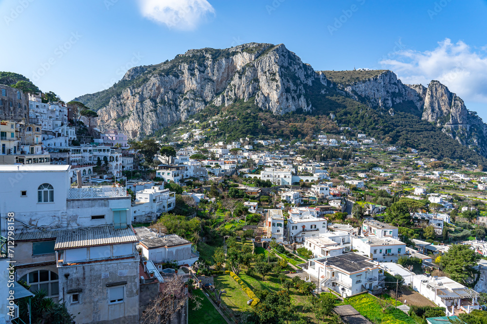 view of the mountain range a from the square of the island of Capri-Naples-Italy.