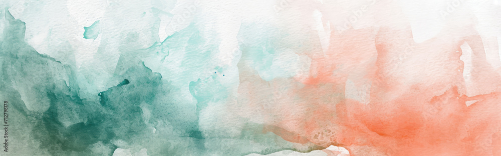 Fototapeta premium Watercolor abstract background on white canvas with dynamic mix of muted teal and coral, banner, panorama