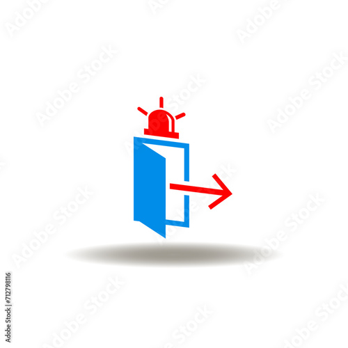 Vector illustration of open door with arrow outside and flashing siren. Icon of emergency plan. Symbol of evacuation.