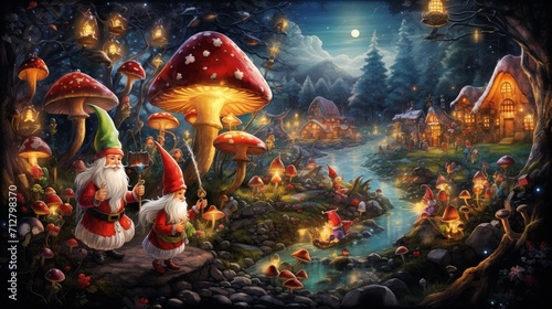 Santa Claus in a fairy-tale forest, surrounded by enchanting creatures and glowing mushrooms.
