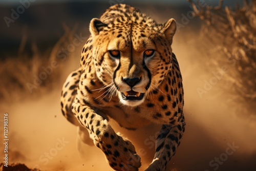 A sprinting cheetah in pursuit of prey, showcasing the unmatched speed and agility of the world's fastest land animal. Concept of predatory speed. Generative Ai. © Sebastian