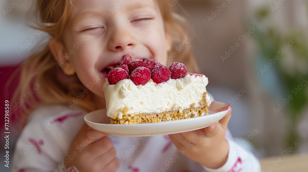 Happy child eating cake with smile 