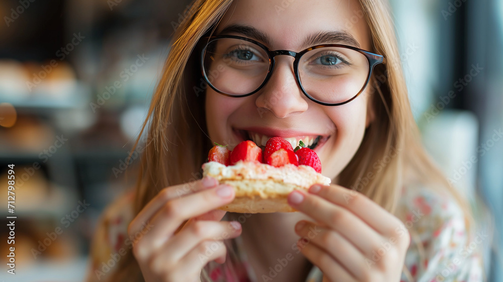 young women with glasses eating Biscuit Strawberry Shortcake young women with glasses eating Biscuit Strawberry Shortcake