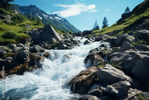 A rivulet rushing down a mountainside, depicting the speed and energy of flowing water. Concept of mountain stream dynamics. Generative Ai.