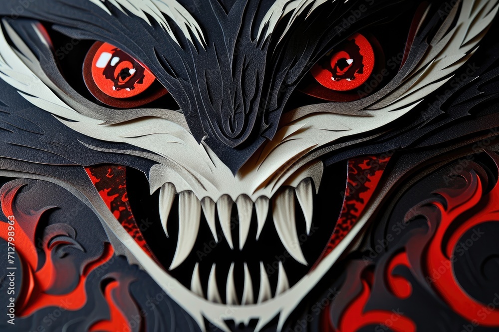 Obraz premium A close-up of a vampire face with sharp fangs and blood red eyes Halloween art design vampire fangs