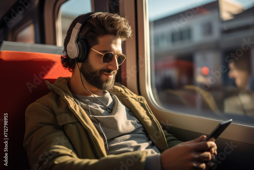 A commuter reading a book or listening to a podcast during a peaceful morning train ride. Concept of morning commute leisure. Generative Ai.