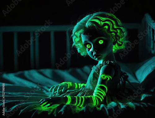 Terrifying Children Nightmares - Monster under the bed, Horned beast, Alien abduction, and a haunting porcelain doll with neon glow effects Gen AI photo