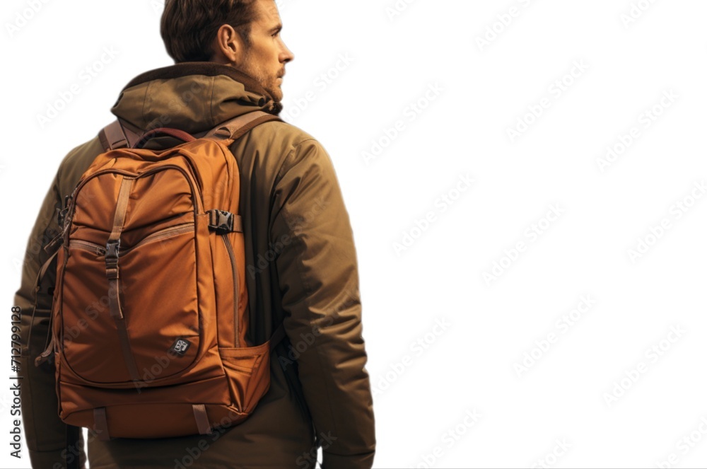 Man with backpack on white background