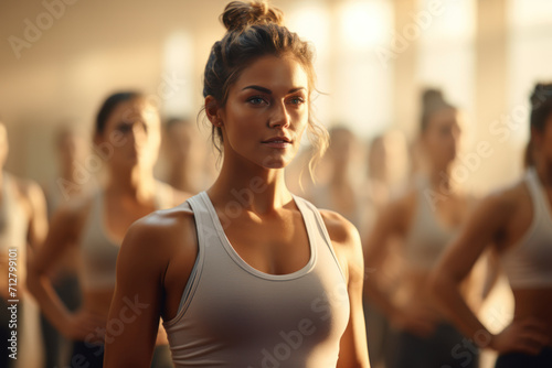 A group of friends participating in a morning group exercise class, combining fitness and social interaction. Concept of morning group fitness. Generative Ai.