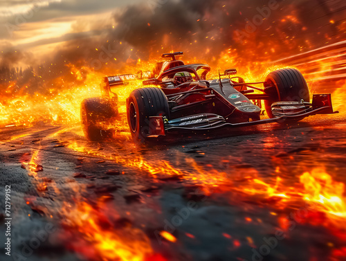 A burning Formula 1 car on a race track. Formula 1 on fire.