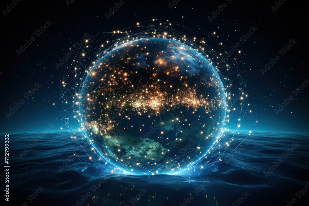 A constellation of digital stars forming the shape of a globe, portraying the global reach and impact of the internet. Concept of digital globalization. Generative Ai.