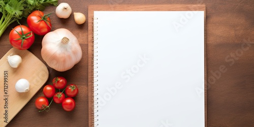 Kitchen tablet computer with blank pages and books, template for recipes or food menu.
