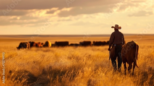 Cowboy leading a horse in a golden field at sunset