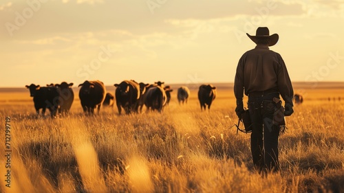 Cowboy watching over grazing cattle at sunset in a field