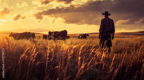 Cowboy with cattle at sunset in a golden field