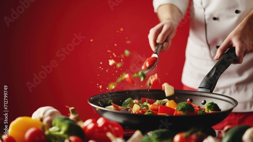 Dynamic image of a chef flipping stir-fry in a pan