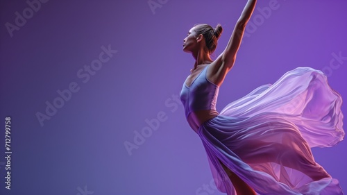 A graceful dancer in mid-pose with a flowing lavender dress