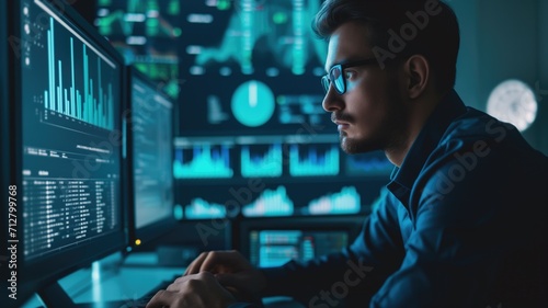 A focused professional analyzing data on computer monitors © Artyom