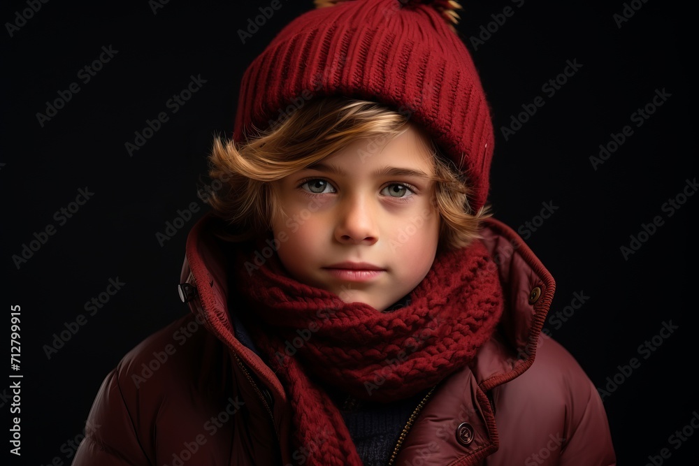 Portrait of a little boy in a red hat and scarf. Portrait of a little boy in a red hat and scarf.