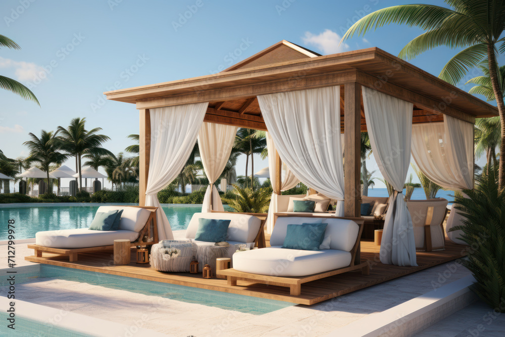 Poolside cabanas with plush loungers and refreshing beverages, creating a luxurious environment for relaxation. Concept of upscale pool amenities. Generative Ai.