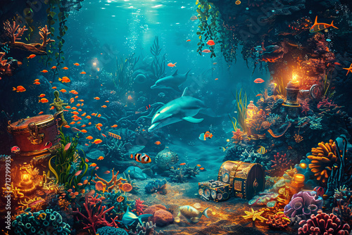 Whimsical Underwater Scenes with Playful Marine Life and Sunken Treasures for Aquatic Themed Design Projects