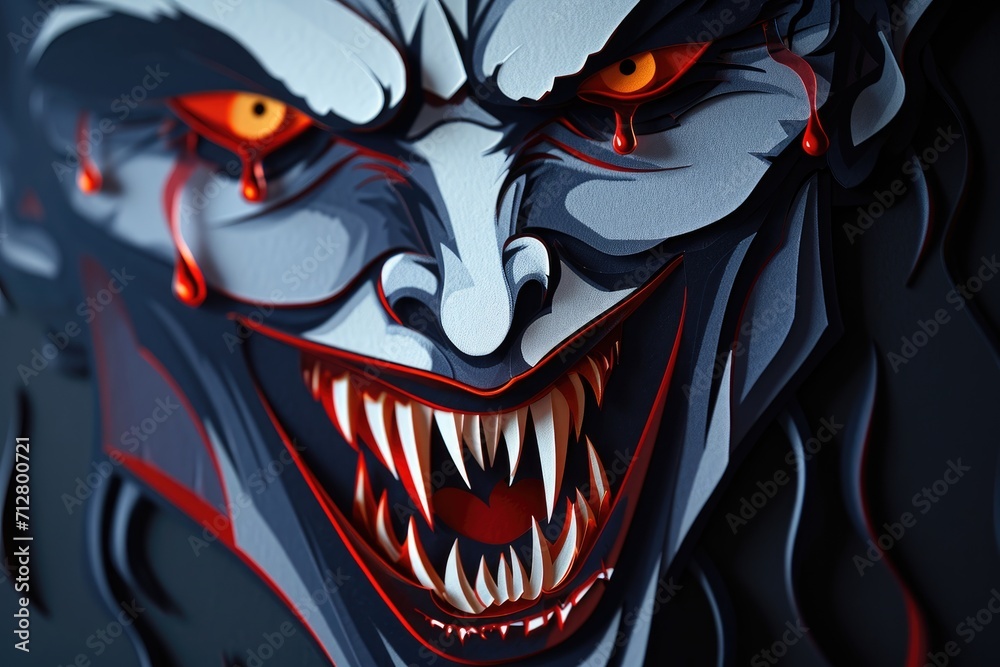 A close-up of a vampire face with sharp fangs and blood red eyes Halloween art design vampire fangs