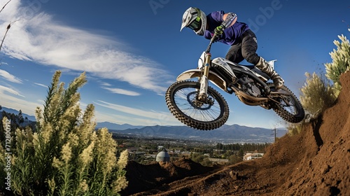 Breathtaking mid air motorcycle stunt over a canyon with a dirt trail and clear blue sky