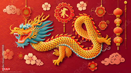 Happy chinese new year 2024, year of the dragon, Golden dragons, clouds, flowers and lanterns, all golden on a red background.