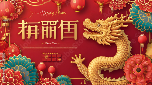 Happy chinese new year 2024  year of the dragon  Golden dragons  clouds  flowers and lanterns  all golden on a red background.