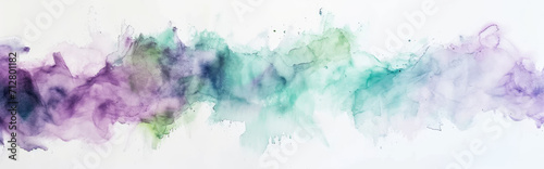 Watercolor abstract background on white canvas with dynamic mix of purple and green colors, banner, panorama